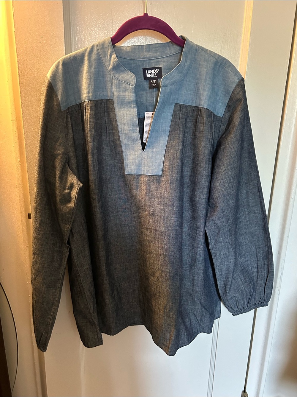 Lands' End Two-Tone Chambray Tunic in Light Blue and Dark Grey